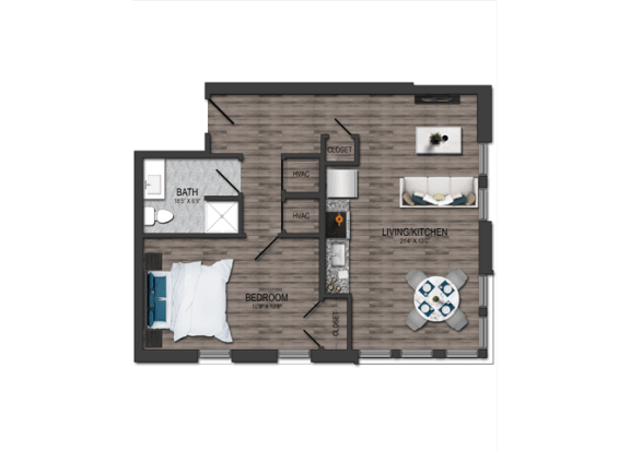 1 bedroom 1 bath Floor plan B at Maple View Flats, Washington