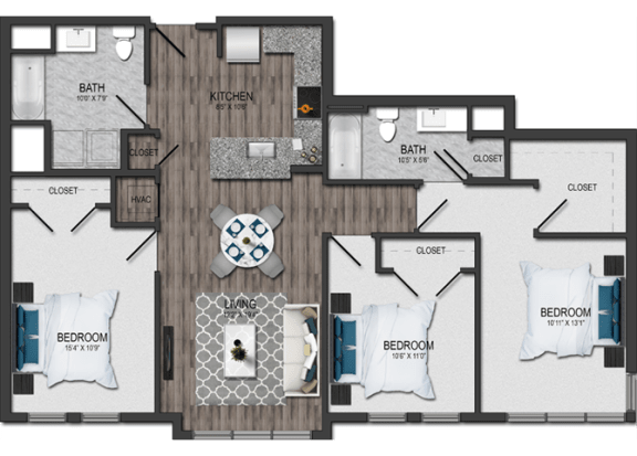 3 bedroom 2 bathroom Floor plan B at Maple View Flats, Washington