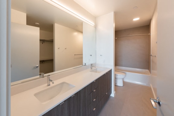 Master Bathroom With Large Vanity at 10 Clay Apartments in Seattle, Washington, 98121
