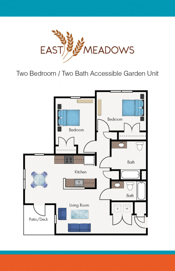 2 Bedroom 2 Bath Accessible Garden Unit-2D Floorplan-East Meadows San Antonio TX