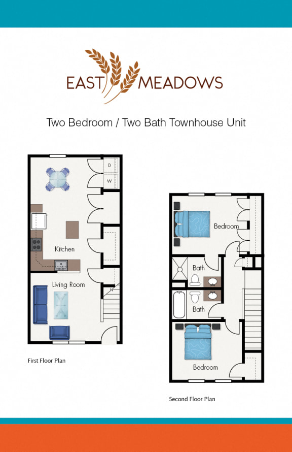 2 Bedroom 2 Bath Townhouse-2D Floorplan-East Meadows San Antonio TX