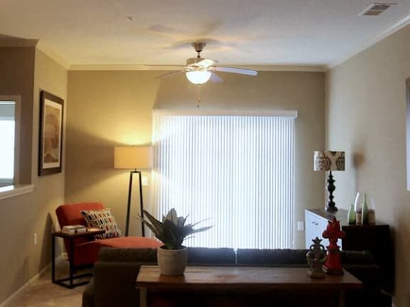 Ceiling fan in living room of model apartment at Fenwyck Manor Apartments, Virginia, 23320