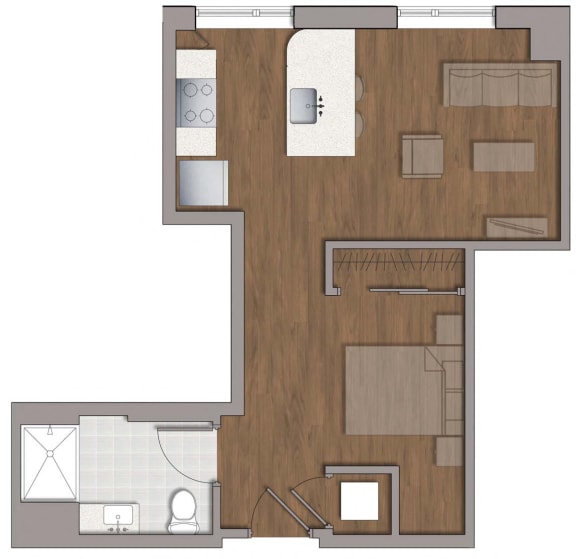 Studio 1 bathroom S1 Floor Plan at The George, Wheaton, 20902