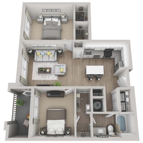 Fern 2-bed, 1-bath floor plan layout at our Morrisville apartments