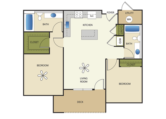 2 Bed 2 Bath Floor Plan at Enclave at 1400 South Apartments, Salt Lake City, 84115