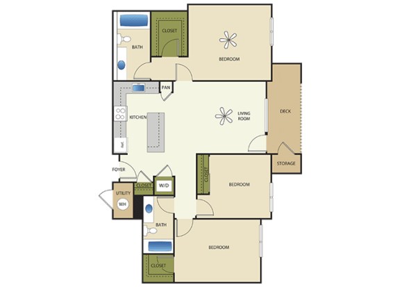 3 Bed 2 Bath Floor Plan at Enclave at 1400 South Apartments, Salt Lake City, Utah