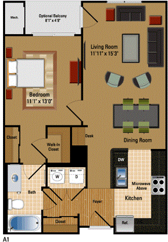 Floor Plan  Starting from 713 Square-Foot 1 Bed, 1 Bath A1 at The Cosmopolitan at Lorton Station, Lorton, VA