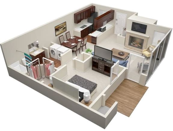 Floor Plan  Chesnut 1-bedroom/1-bathroom 3D floor plan layout with 806 square feet at Summerchase at Riverchase apartments for rent in Hoover, AL