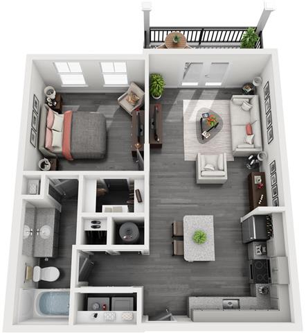 A-1 1-bedroom/1-bathroom 3D floor plan layout with 711 square feet at The Station at Savannah Quarters apartments for rent