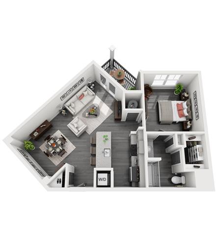 A-2 1-bedroom/1-bathroom 3D floor plan layout with 788 square feet at The Station at Savannah Quarters apartments for rent in Pooler, GA