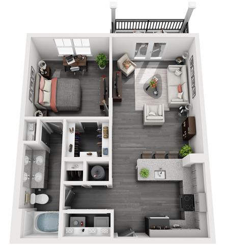 A-3 1-bedroom/1-bathroom 3D floor plan layout with 862 square feet at Station at Savannah Quarters apartments for rent in Pooler, GA