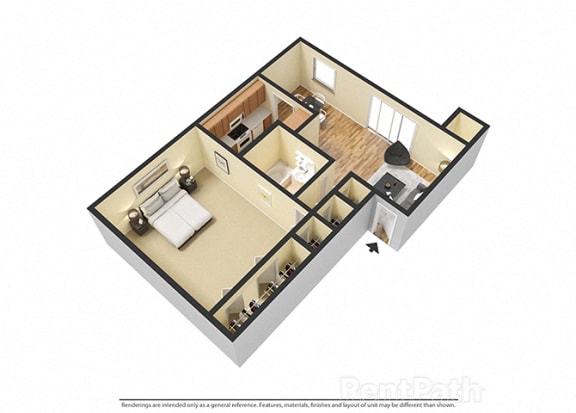 1 BR, 1 Bath Floor Plan 3D View at Pickwick Farms Apartments, Indianapolis, IN