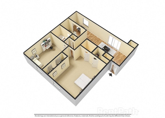 2 BR, 1.5 Bath Floor Plan 3D View at Pickwick Farms Apartments, Indianapolis, Indiana