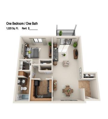Floor Plan  1 BEDROOM, 1 BATHROOM, 1020 SQFT.