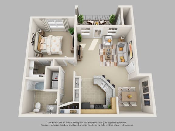 Floor Plan  Edgewater Vista Apartments, Decatur Georgia, 1x1 Birch 3D floorplan