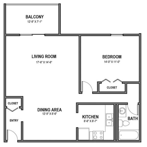 Floor Plan  Walnut Crossings 1 BR, 1 Bath, 800 Sq.Ft. Balcony, Walnut Crossings Apartments, Monroeville, PA
