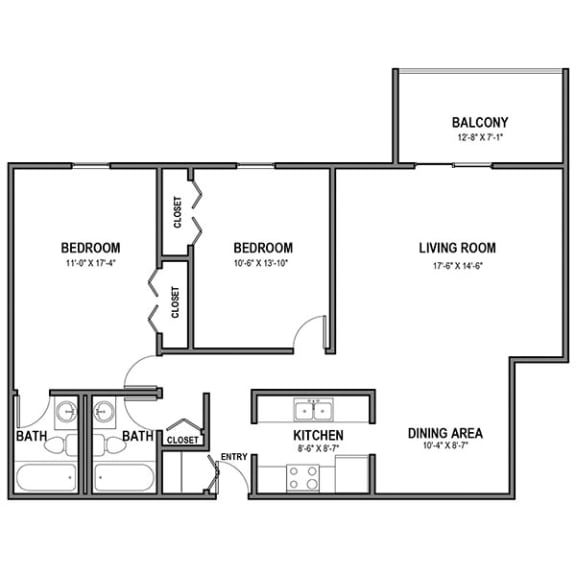 Floor Plan  Walnut Crossings 2 BR, 2 Bath, 1,050 Sq.Ft. Balcony, Walnut Crossings Apartments, Monroeville, PA