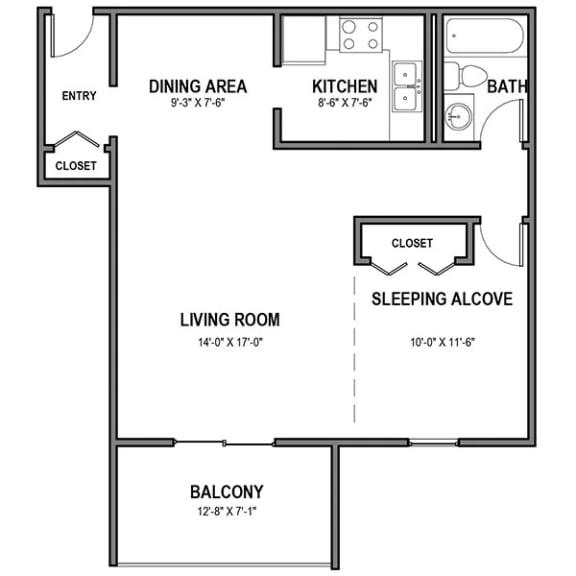 Floor Plan  Walnut Crossings Studio and Balcony, Walnut Crossings Apartments, Monroeville, PA