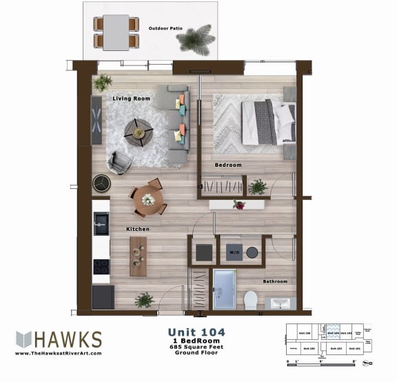 Floor Plan 104-1 Bed 1 Bath Ground Floor