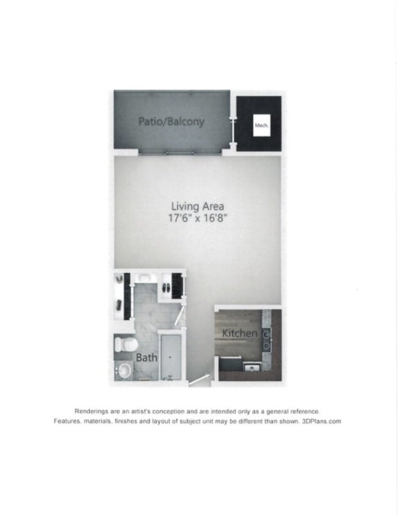  Floor Plan Studio, 1 Bathroom