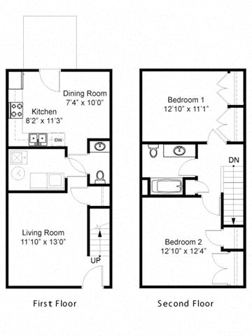 2 Bedroom 2 Bath 2D Floorplan-Duneland Village Apartments Gary, IN