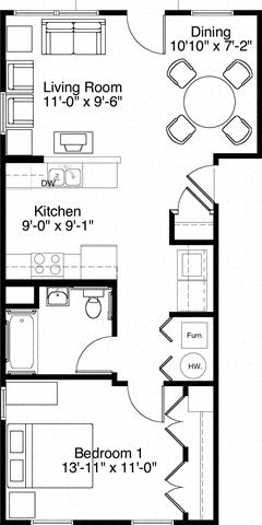 1 Bedroom 1 Bath 2D Floorplan-Horace Mann Apartments, Gary, IN