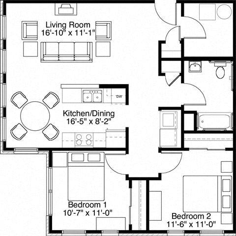 2 Bedroom 1 Bath 2D Floorplan-Horace Mann Apartments, Gary, IN
