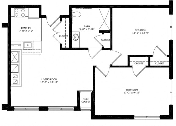 2 Bedroom 1 Bath 2D Floorplan Style D-Legacy Apartments, Pittsburgh, PA 15219