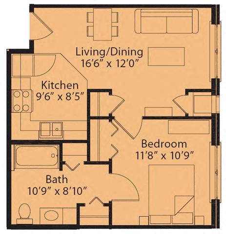Floor Plan  1 Bedroom 1 Bath 2D Floorplan Type 1-Senior Living at University Place Apartments, Memphis, TN 38104