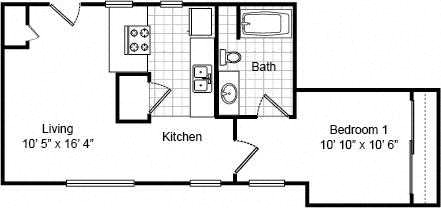 1 bedroom 1 bath 2d floorplan, Valentine Apartments Kansas City, MO