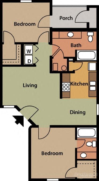 2 Bedroom 2 Bath 2D Floorplan, Cameron Creek Apartments, Galloway, OH 43119