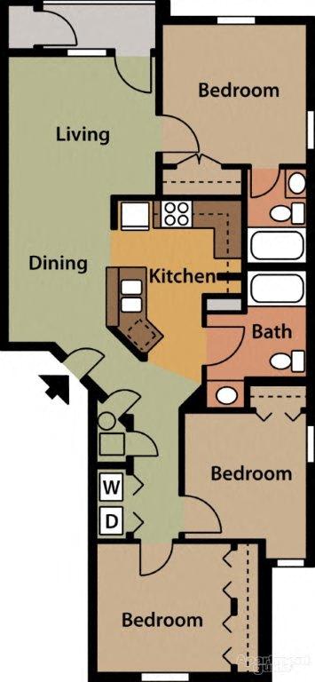 3 Bedroom 2 Bath 2D Floorplan, Cameron Creek Apartments, Galloway, OH 43119