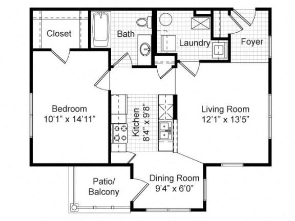 Floor Plan  1 Bedroom 1 Bath Garden 2D Floorplan-Renaissance Place at Grand Apartments, St. Louis, MO