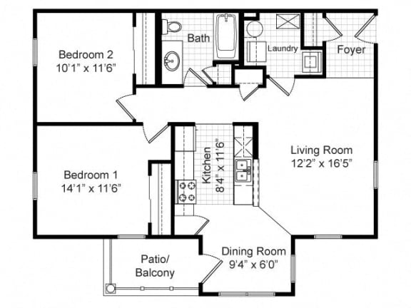2 Bedroom 1 Bath Garden 2D Floorplan-Renaissance Place at Grand Apartments, St. Louis, MO