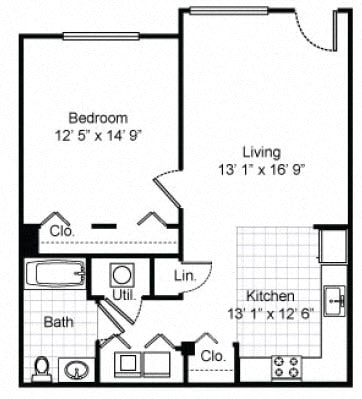 Floor Plan  1 Bedroom 1 Bath Garden Apartment 2D Floorplan-Tremont Pointe Apartments, Cleveland, OH 44113