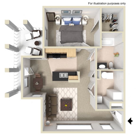 1 Bedroom 1 Bath 2D Floorplan-University Place Apartments, Memphis, TN 38104