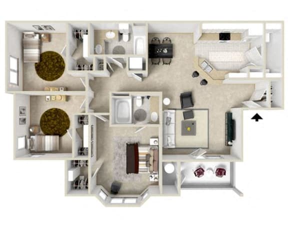 3 Bed, 2 Bath Floor Plan 3 Bed, 2 Bath Floor Plan at Charleston Apartment Homes, Mobile, Alabama