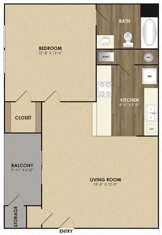 1 Bed 1 Bath Floor Plan at Riverset Apartments in Mud Island, Memphis, TN