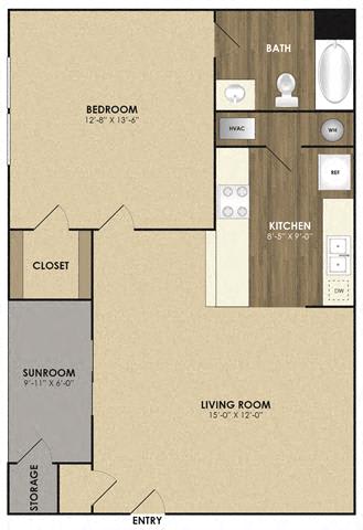 1 Bedroom 1 Bathroom Floor Plan at Riverset Apartments in Mud Island, Memphis, TN