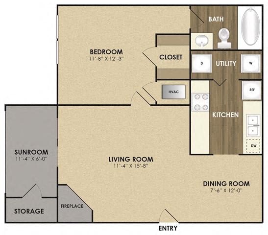 One bedroom One bathroom Floor Plan at Riverset Apartments in Mud Island, Memphis, TN