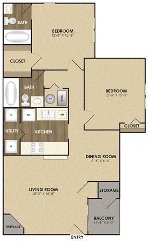 2 Bed 2 Bath Floor Plan at Riverset Apartments in Mud Island, Memphis, TN