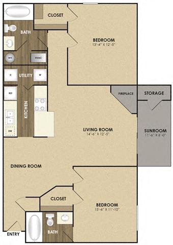 Two Bed Two Bath Floor Plan at Riverset Apartments in Mud Island, Memphis, TN