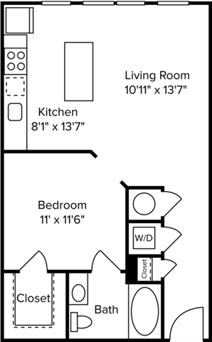 1 bedroom 1 bathroom floor plan A  at Arlo Buffalo Heights, Houston, 77007