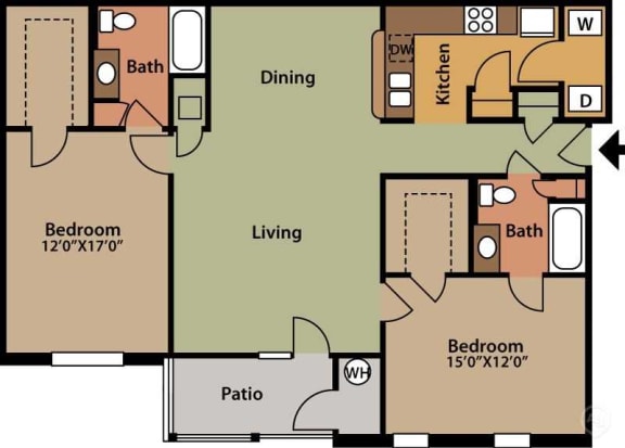 Two Bedroom Floor Plan at The Summit of Shreveport Apartment Homes, Shreveport, LA, 70115