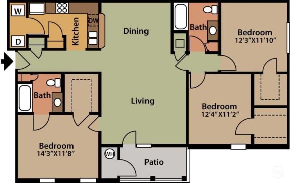 Three Bedroom Floor Plan at The Summit of Shreveport Apartment Homes, Shreveport, LA