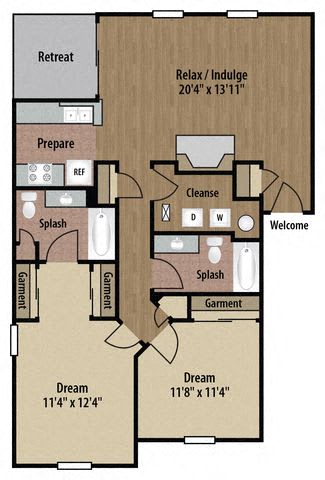2 Bedroom 2 Bathroom Floor Plan at The Bradford at Easton Apartments, Ohio