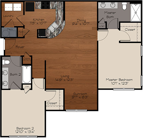 B2-s Floor Plan at Enclave at Bailes Ridge Apartment Homes, Indian Land, 29707