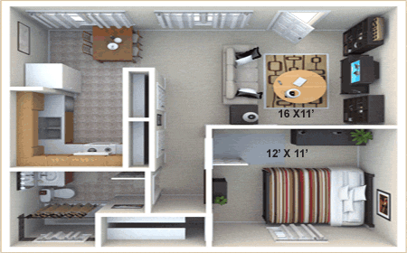 1 Bedroom, 1 Bathroom Floor Plan