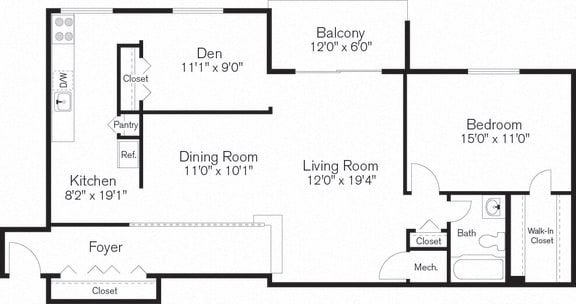 Floor Plan  One Bedroom with Den Apartment, Beltsville, Maryland