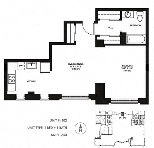 1 Bed 1 Bath 646 sqft Floor Plan at Somerset Place Apartments, Chicago, IL, 60640
